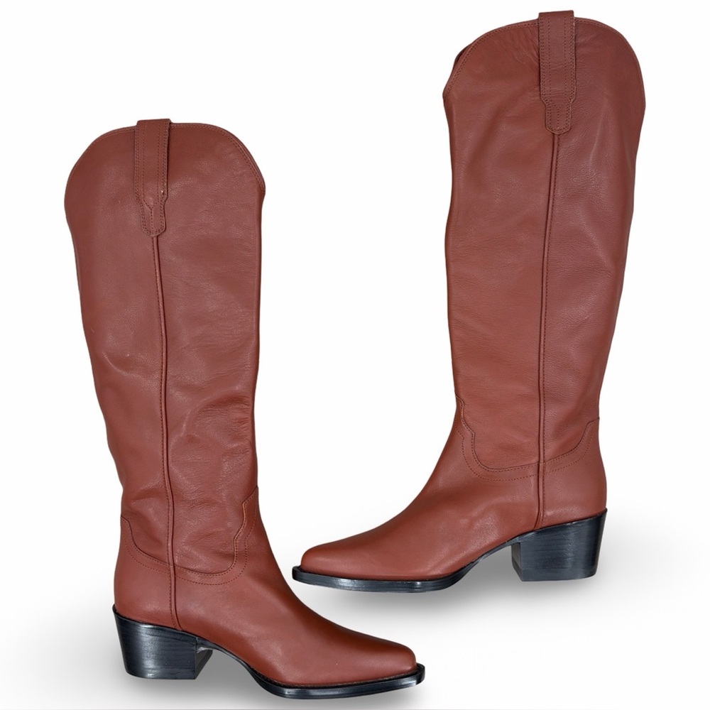 Quince Italian Leather Tall Western Boots in Saddle Brown Size 9 LIKE NEW - Picture 7 of 15